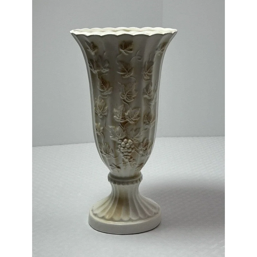 Pottery Pedestal Vase, White‎ & Tan, Raised Embossed Grapes & Leaves, Scalloped